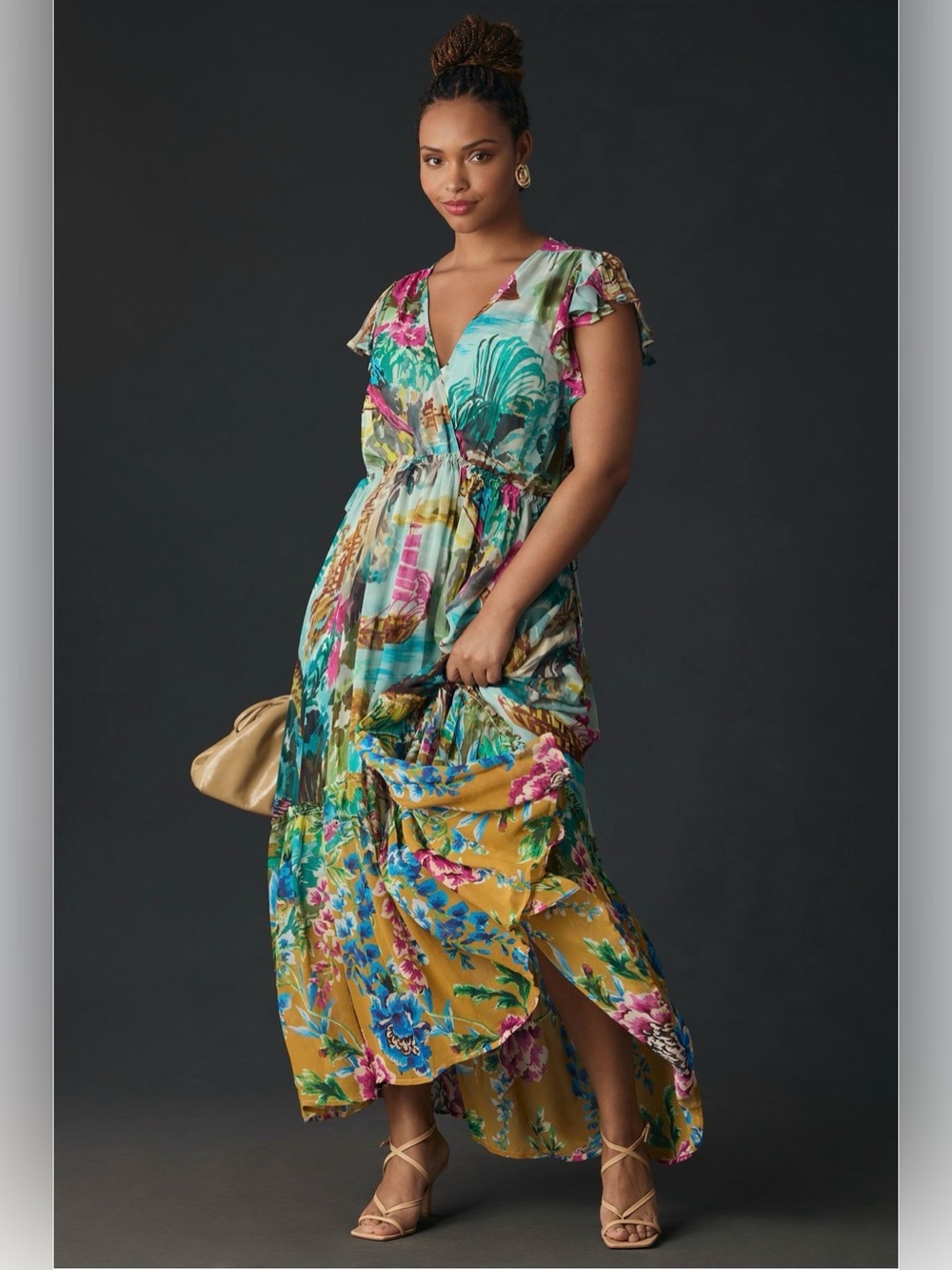 Anthropologie Floral Flutter Sleeve Maxi Dress Colorful Tropical Bird 2X Plus